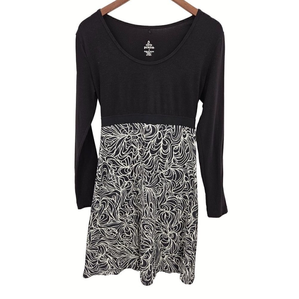 Prana Long Sleeve Dress Womens Sz S 4 6 Stretch Black White Floral Knee Length